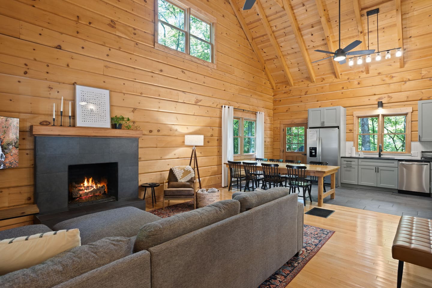 Vaulted wood living room at Travelers Rest Cabin